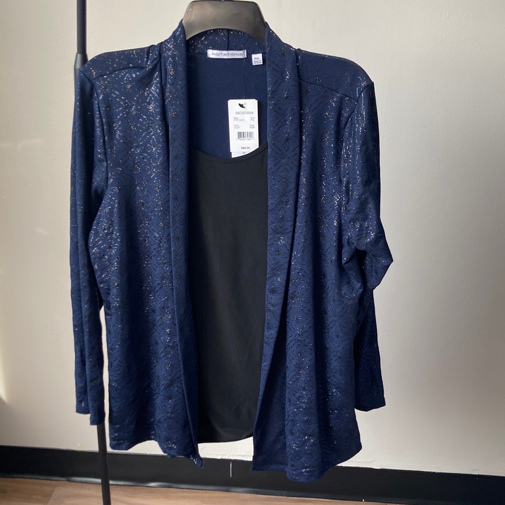 Notations abstract floral print glittery pattern navy blue and black XLP petite